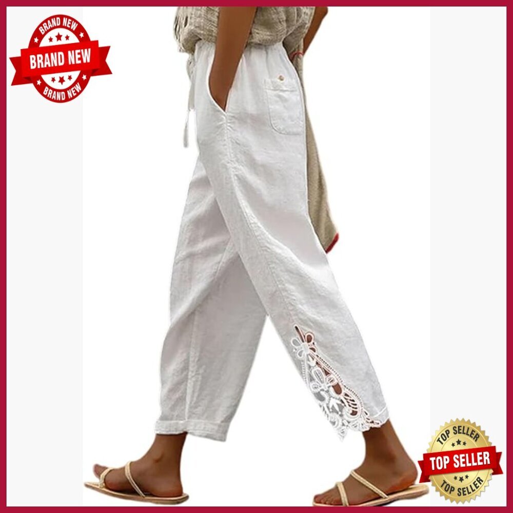 Lightweight Cotton Capri Pants with Lace Detail, Drawstring Waist, Pockets
